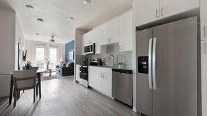 Fridge, dining tables
