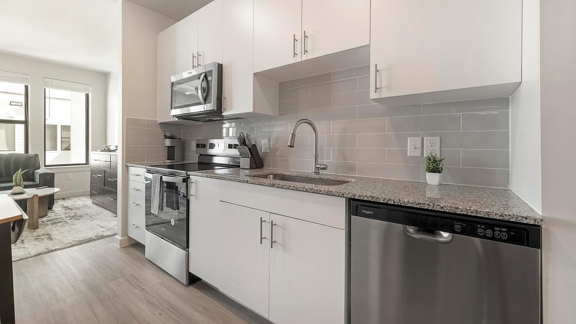A modern kitchen with stainless steel appliances, a dishwasher, and a microwave.