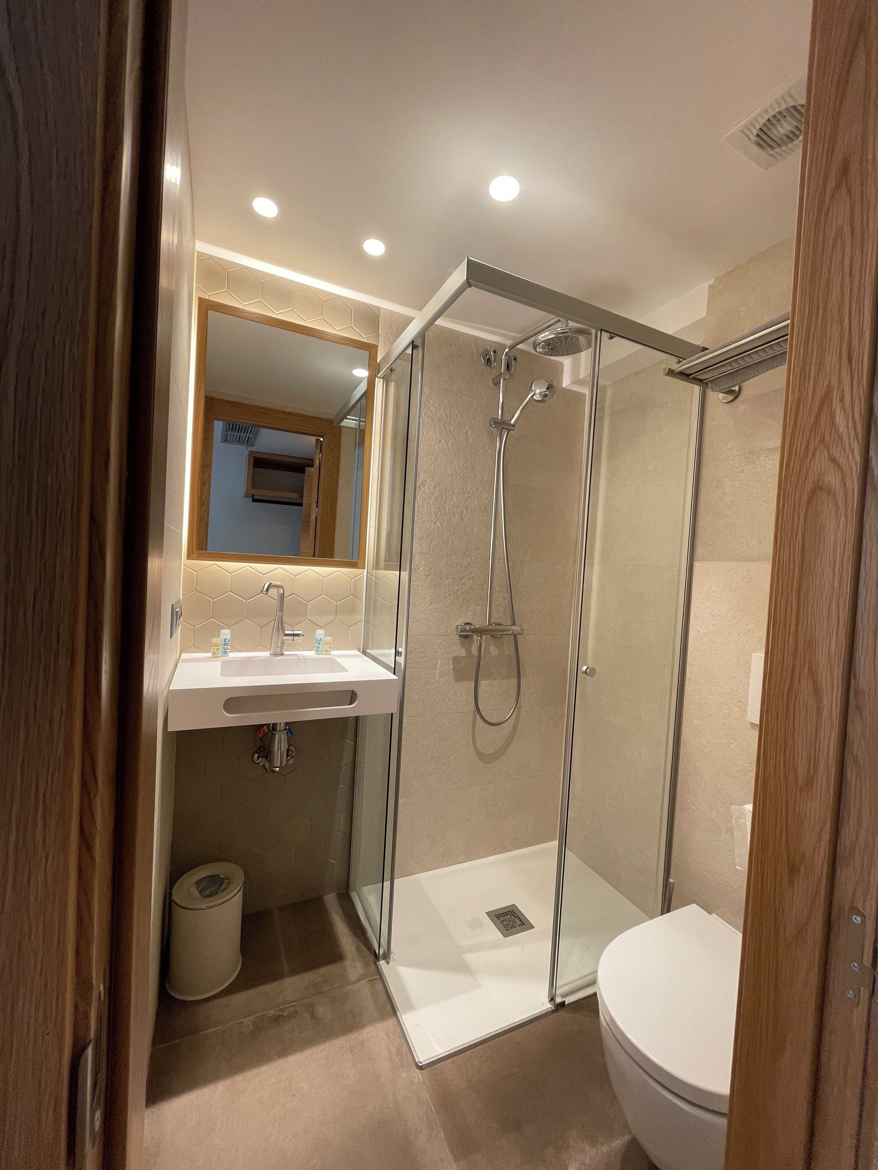 A modern bathroom with a glass-enclosed shower, a white sink, and a toilet.