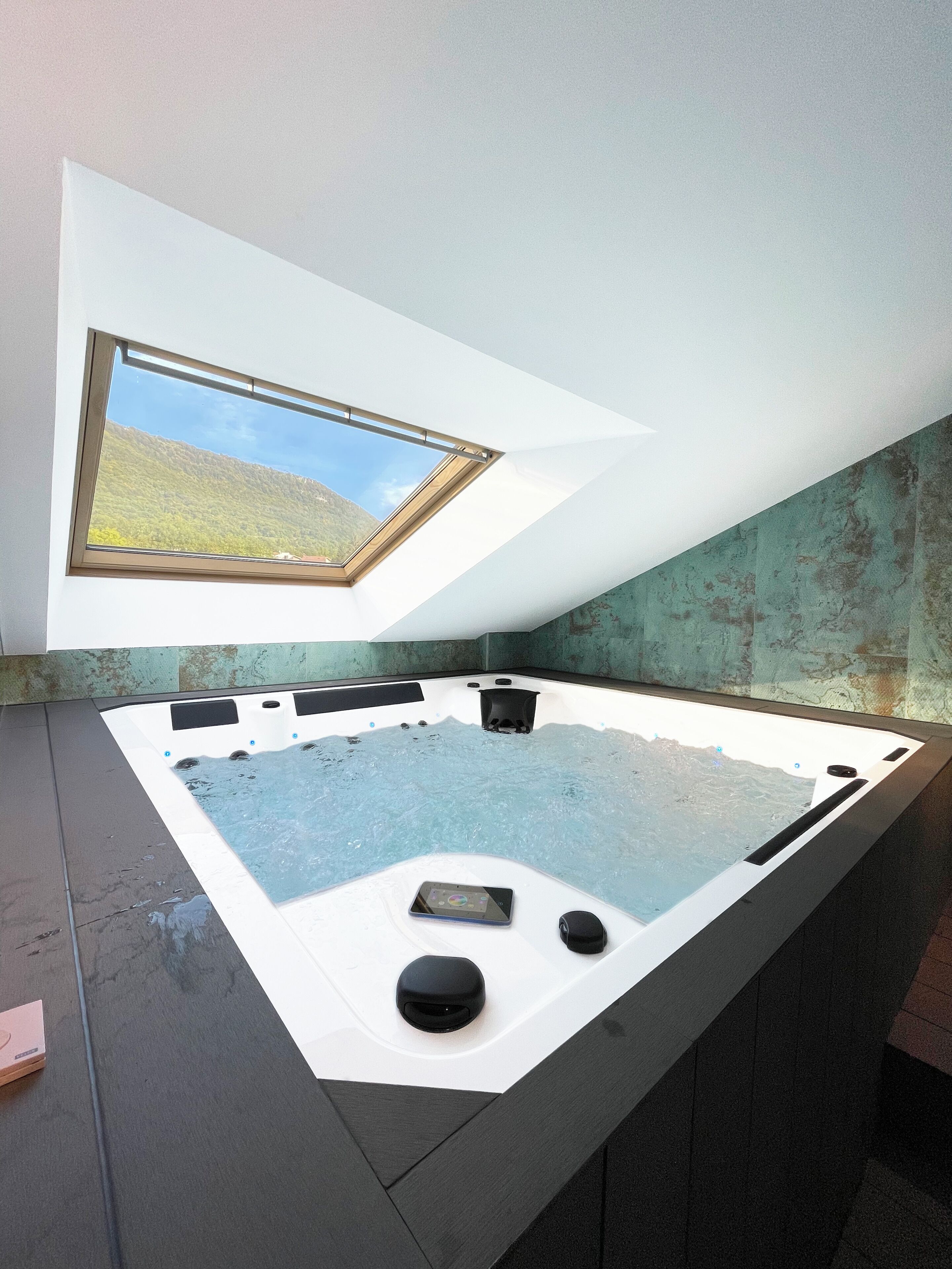 Une salle de spa moderne dotée d’une verrière, d’un jacuzzi et d’un panneau de commande.