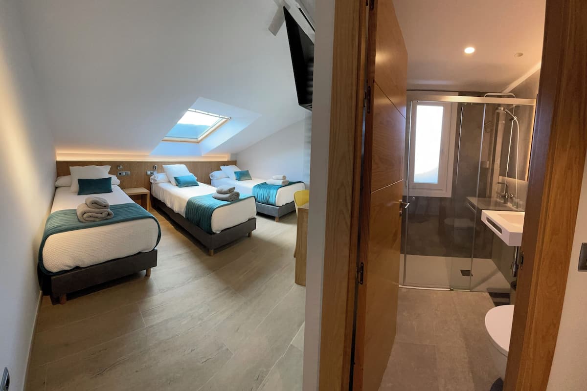 Et moderne hotelværelse med ovenlys, to senge, et badeværelse og en bruseniche.