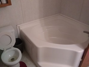 Shower, jetted bath, towels, soap