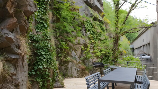 Eine Holzterrasse mit Tisch und Bänken, umgeben von einer Steinwand mit Grünpflanzen.
