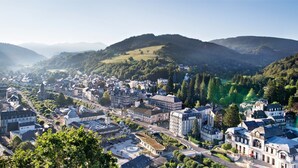 A town with historic architecture, a central square, and surrounding hills. - Holiday Home 'T 2' with Wi-Fi (La Bourboule)