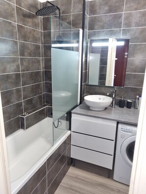 Hair dryer, towels, soap, toilet paper