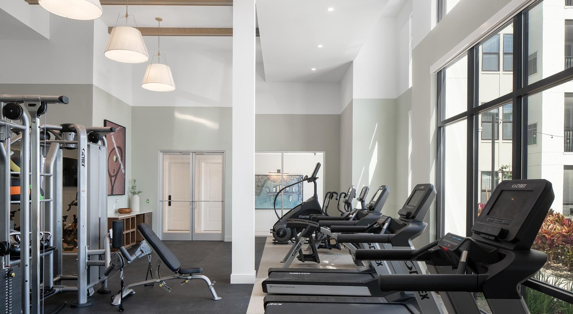 A modern gym with treadmills, weight machines, and a large window offering a view of the outside.