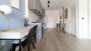 Fridge, dining tables - Landing | Amazing 1BD, Rooftop Lounge, Pool (Durham)