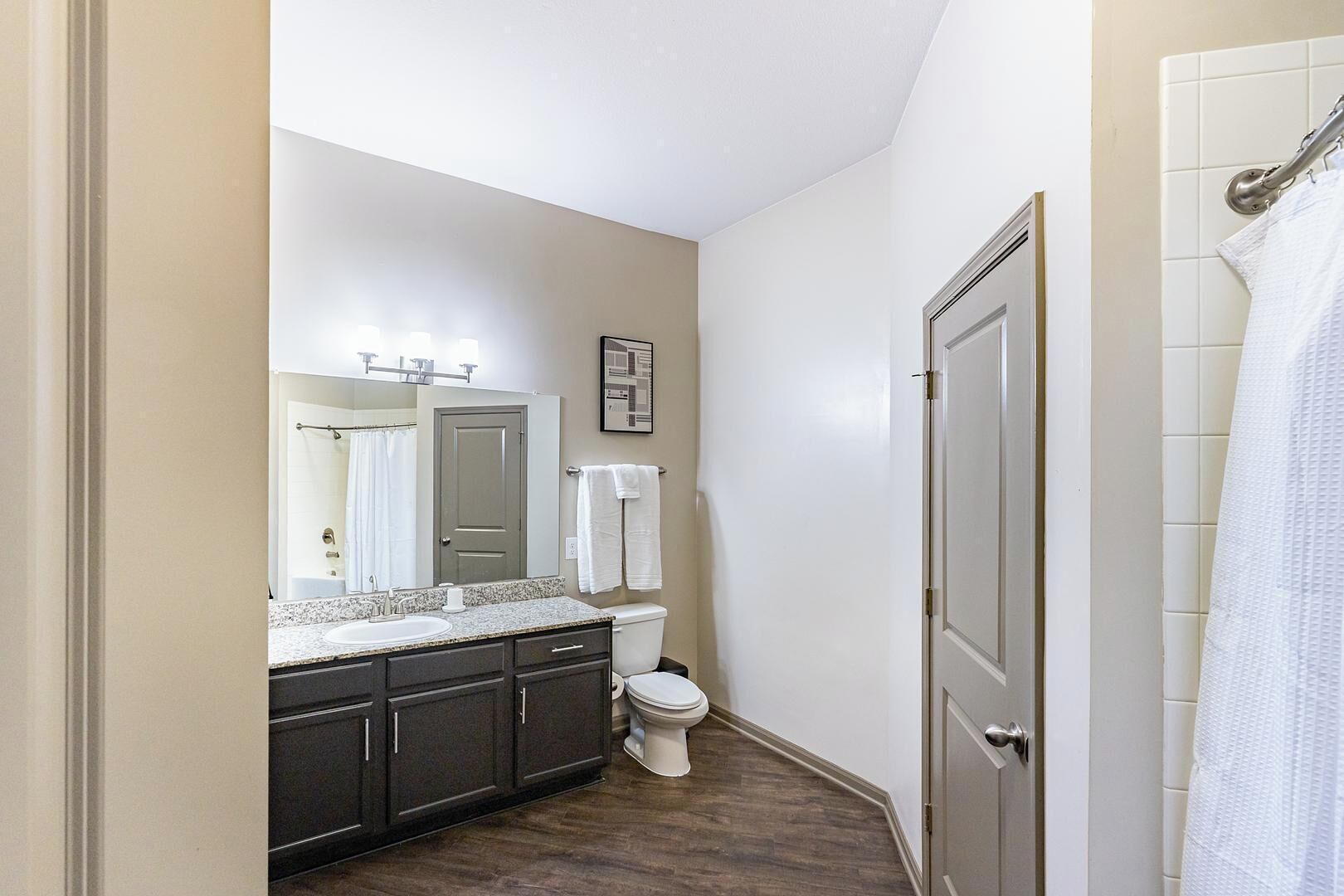 A bathroom with a toilet, a sink, a mirror, and a shower curtain.