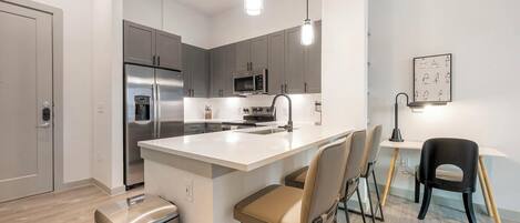 Fridge, dining tables