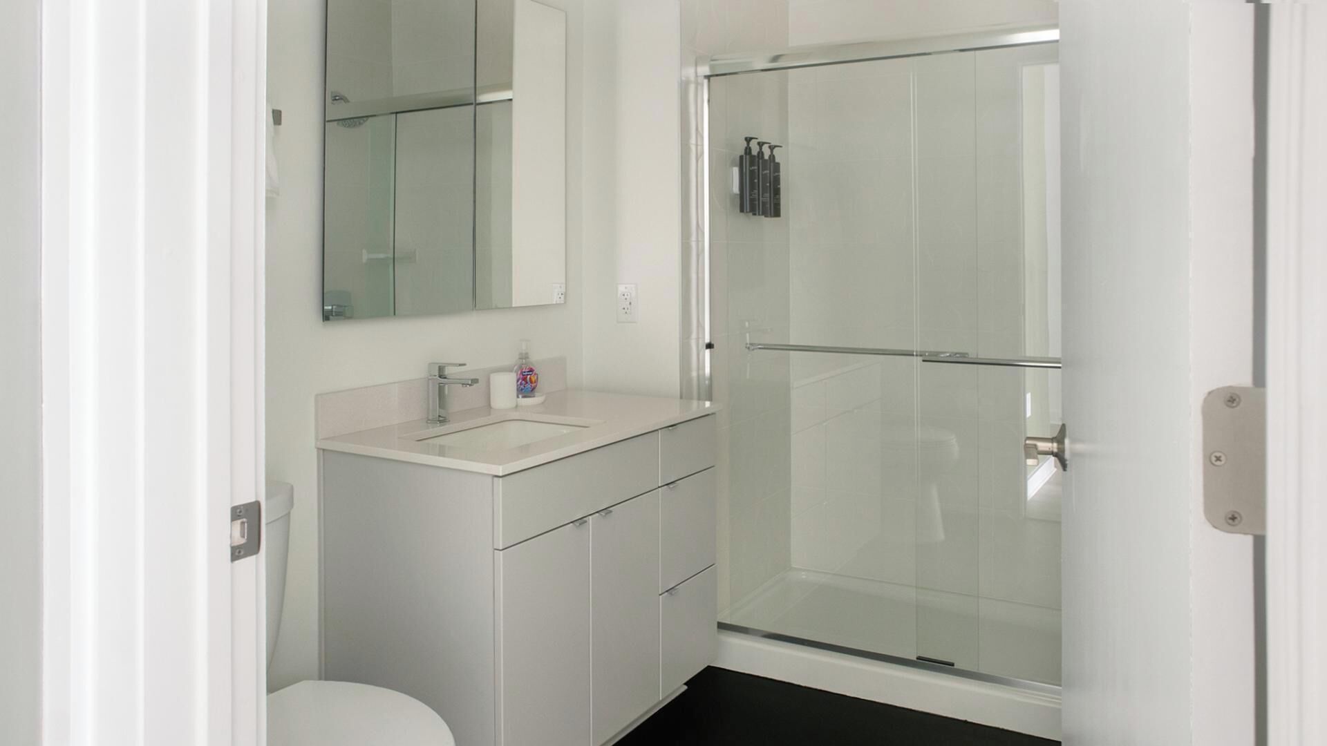 A modern bathroom with a glass shower enclosure, a white sink, and a mirror above the vanity.