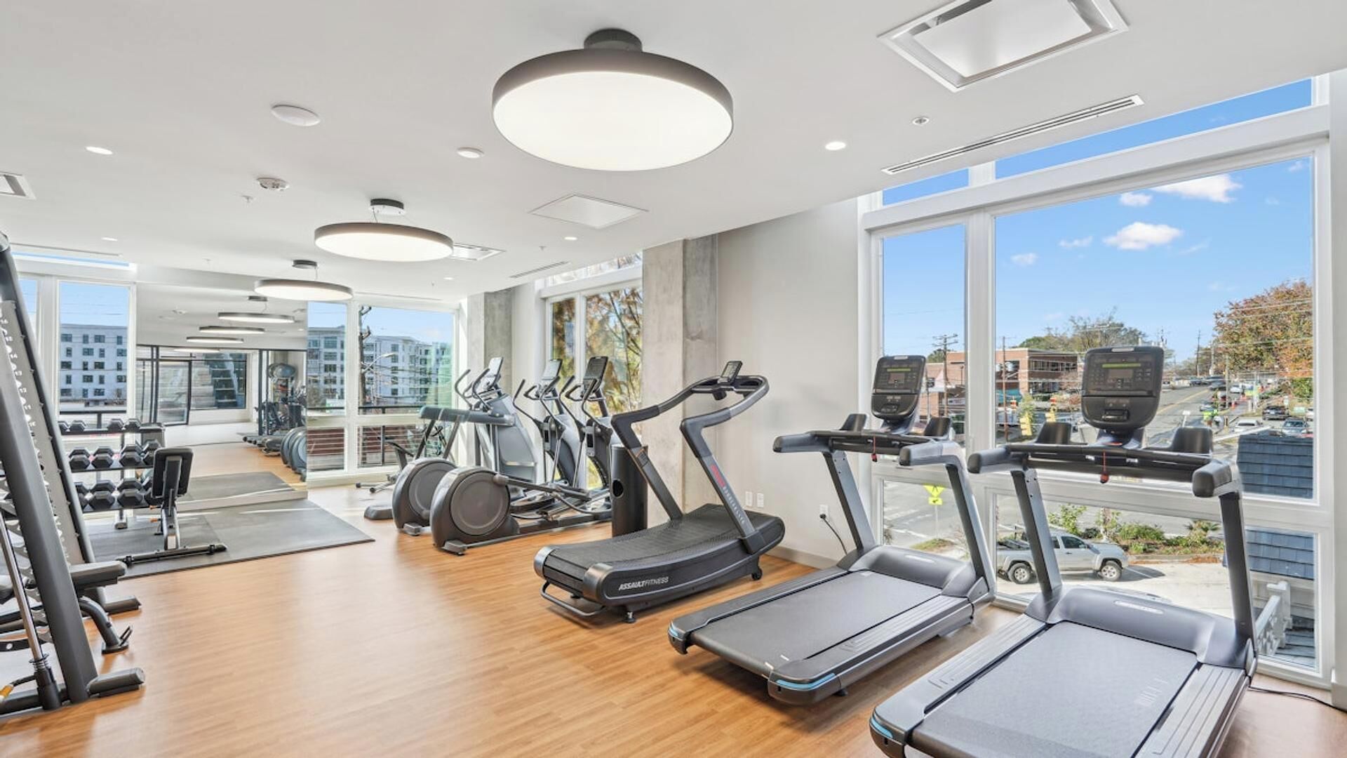 A modern gym with treadmills, elliptical machines, and free weights.