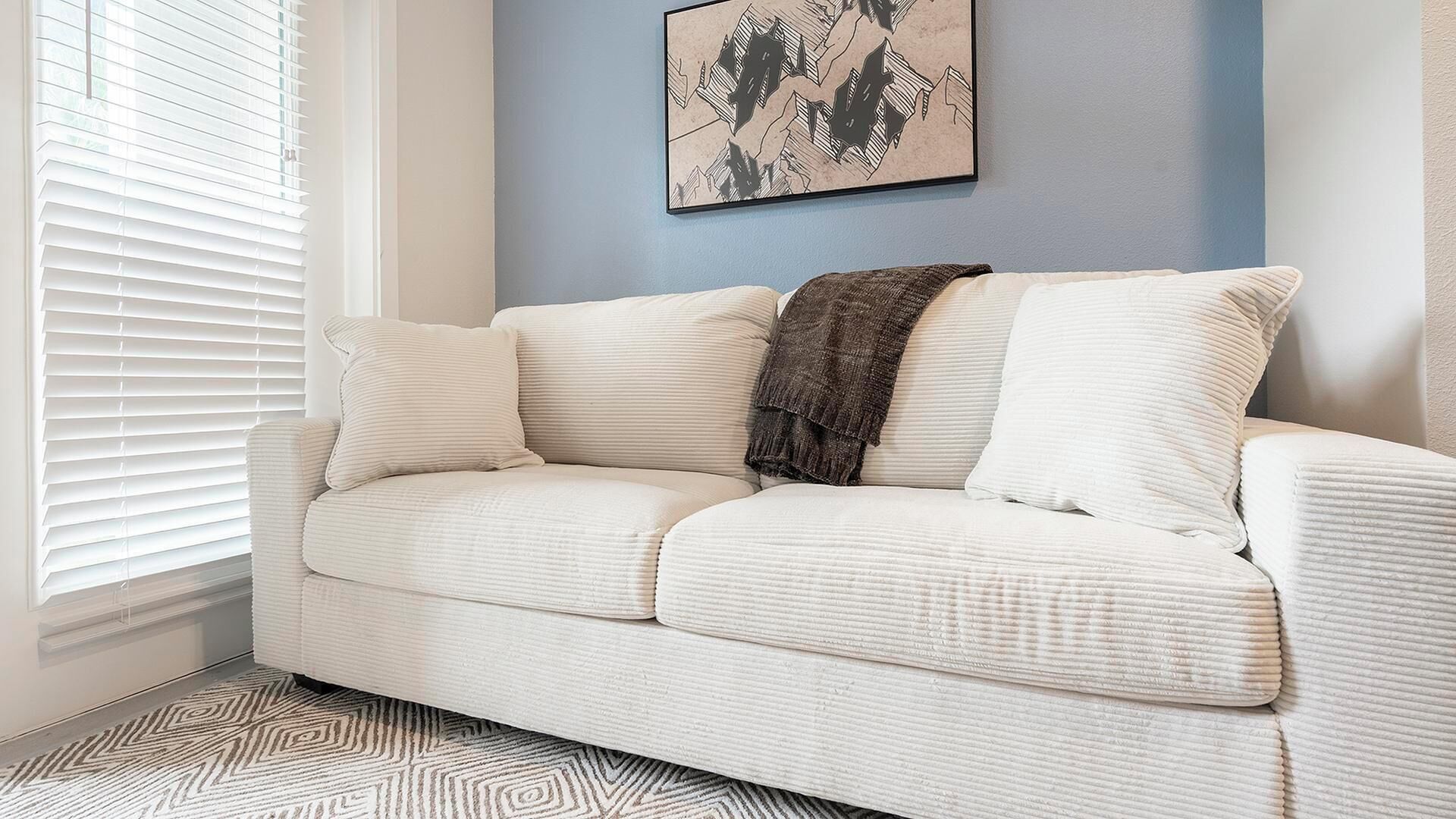 A white sofa with a throw blanket, positioned against a blue wall with a framed artwork above it.