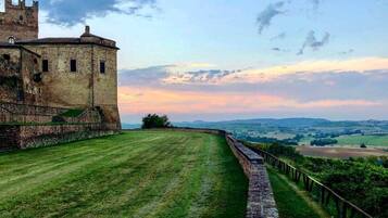 A castle with a grassy courtyard and a stone wall.