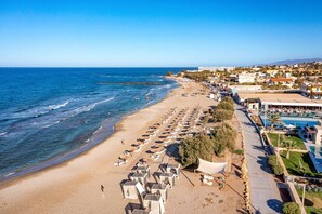 Vista aérea de una playa con filas de tumbonas y sombrillas, un área de piscina y un bar llamado Thalassa Bar.