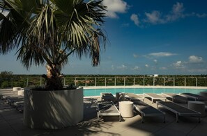 A rooftop pool area with lounge chairs, a palm tree, and a clear view of the landscape. - Landing | Chic 2BD, Pool (Naples)