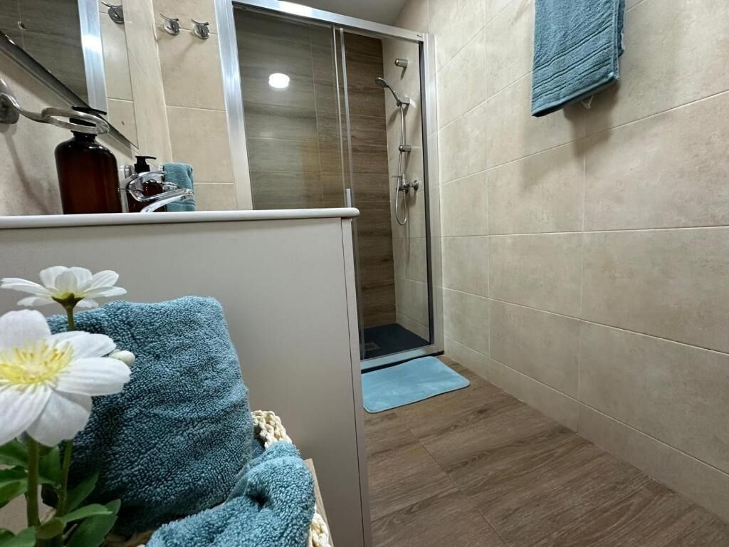 Shower, towels, soap, toilet paper