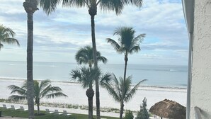 Blick auf einen Strand mit Palmen und einer strohgedeckten Struktur.