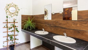 Ein Badezimmer mit zwei Waschbecken, einer Holzausstattung, einem Spiegel und einem Wanddekor.