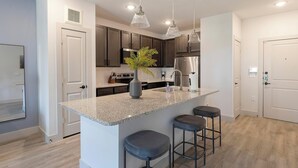 A modern kitchen with granite countertops, stainless steel appliances, and pendant lighting. - Landing | Stunning 1BD in Corinth (Denton)