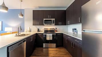 Fridge, dining table