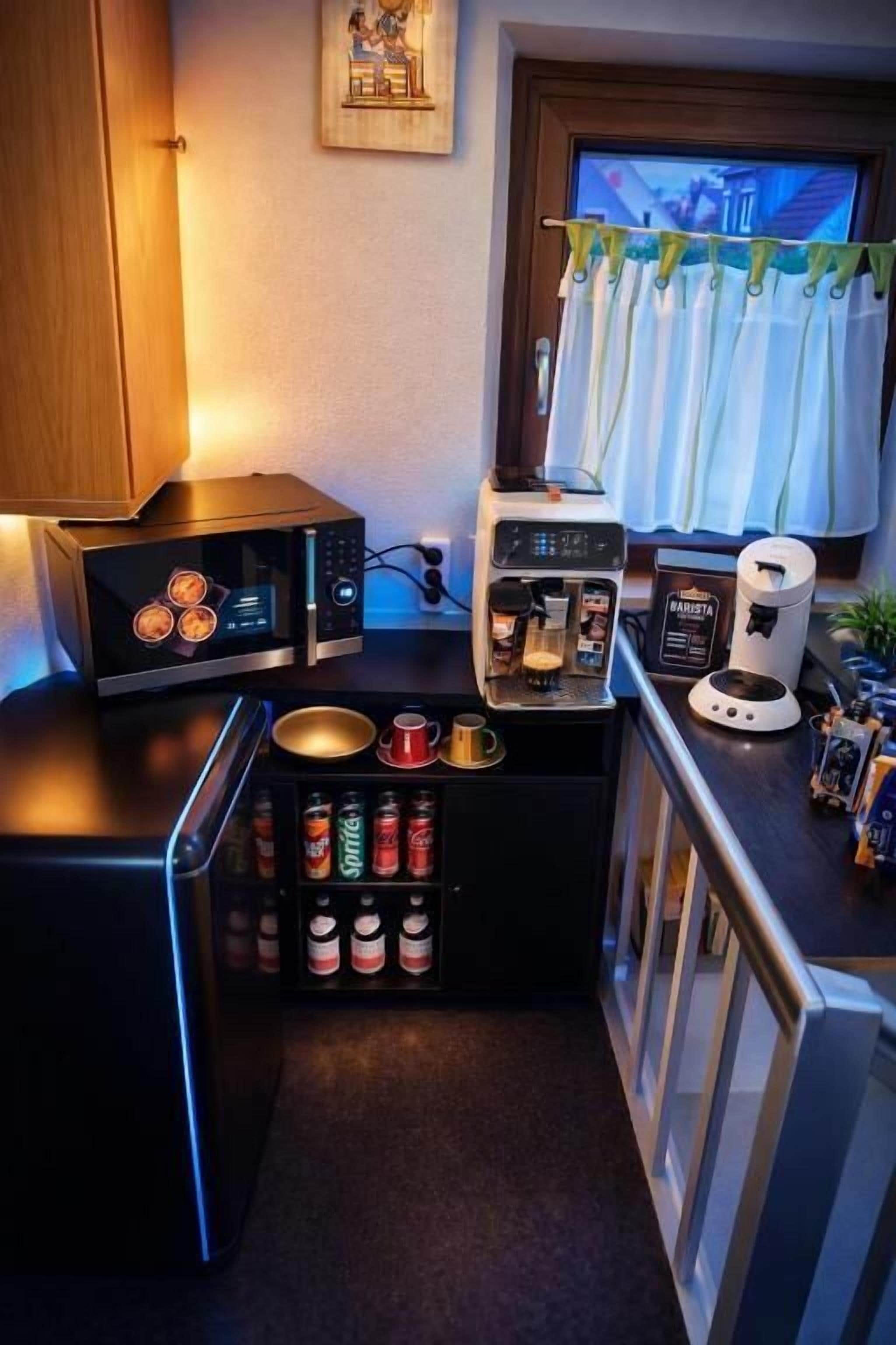 Mini-fridge, microwave, freezer