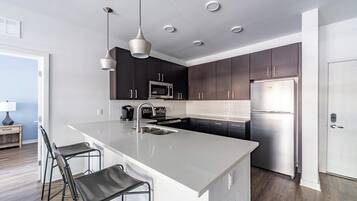 Fridge, dining table