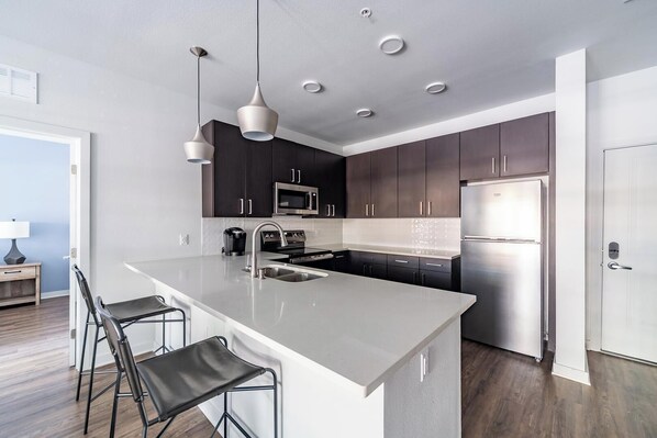 Fridge, dining tables