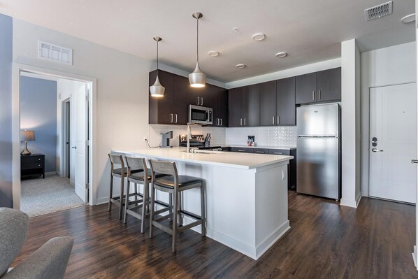 Fridge, dining tables