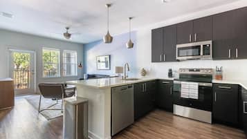 Fridge, dining table