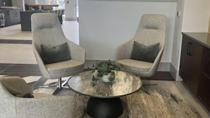 Un espace de vie moderne avec deux fauteuils gris, une table basse ronde et une plante en pot.