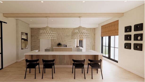 A modern kitchen with a central island, black chairs, pendant lights, and a large window. - Landing | Stylish 2BD, Gym, Yoga Studio (Orange Beach)
