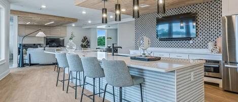 Fridge, dining tables