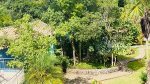 A lush garden with a variety of trees and a clear sky. - Chalés Casa Rosa (Alto Paraíso de Goiás)