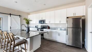 Fridge, dining tables