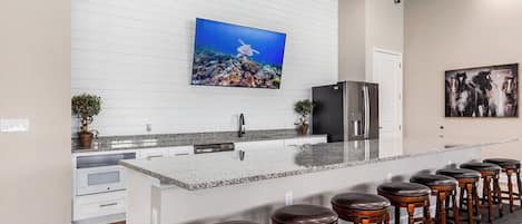 Fridge, dining tables