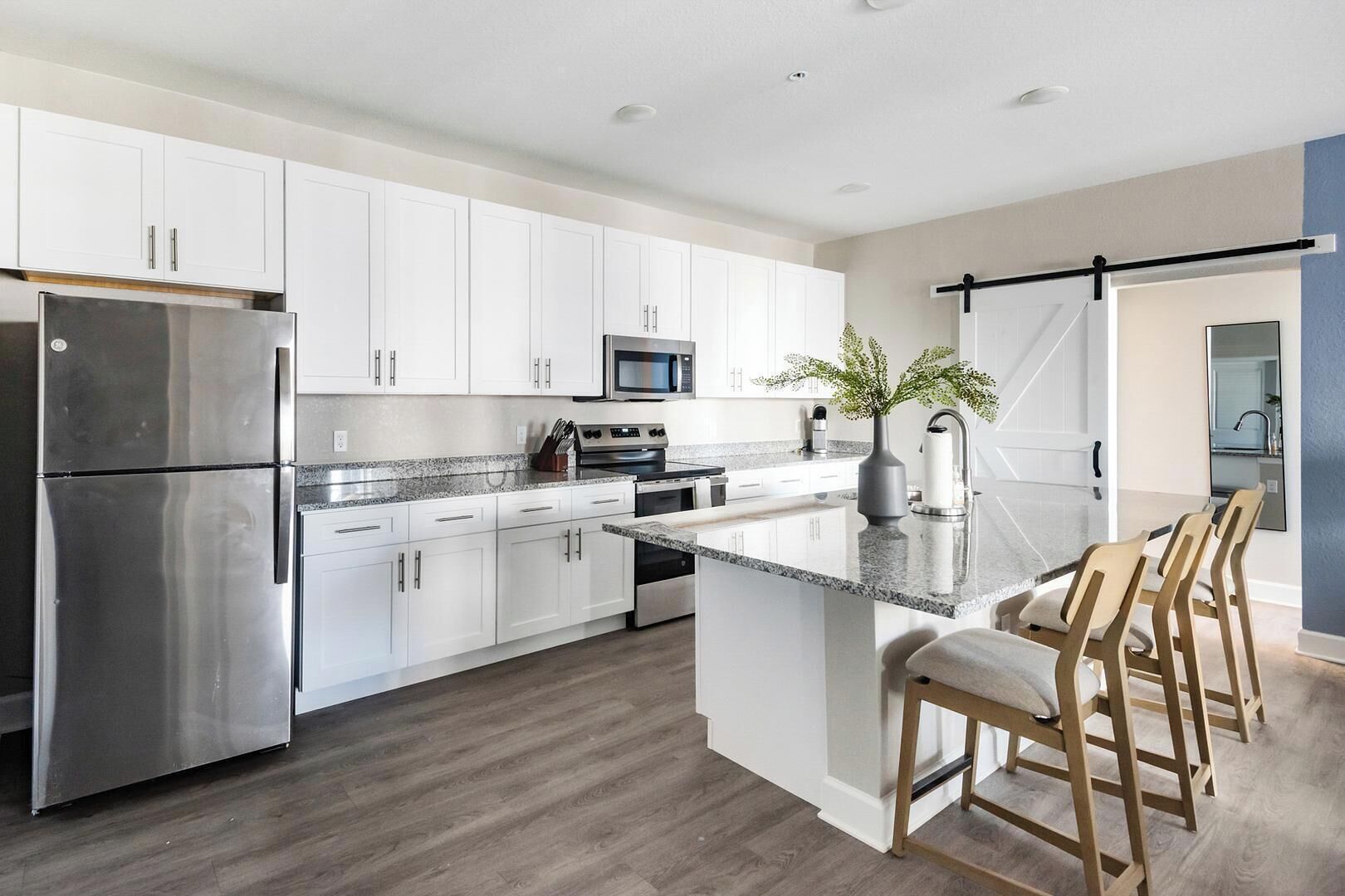 Fridge, dining tables