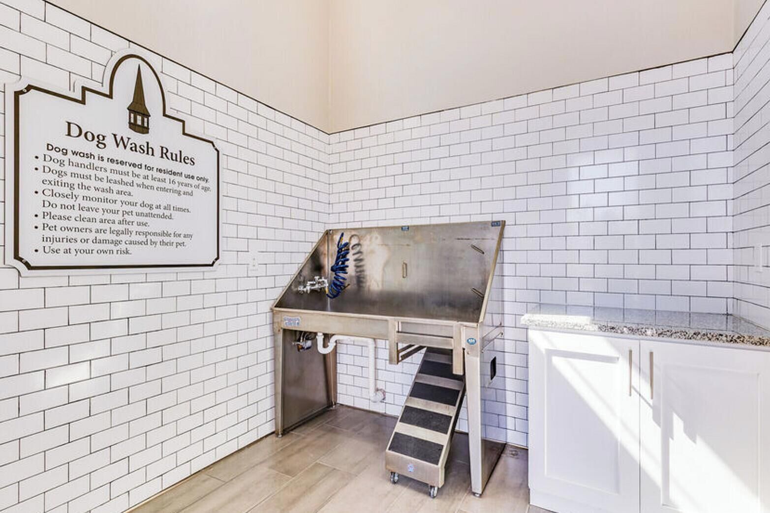 A dog wash station with a stainless steel sink, a hose, and a ramp for pets.