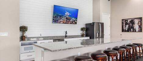 Fridge, dining tables