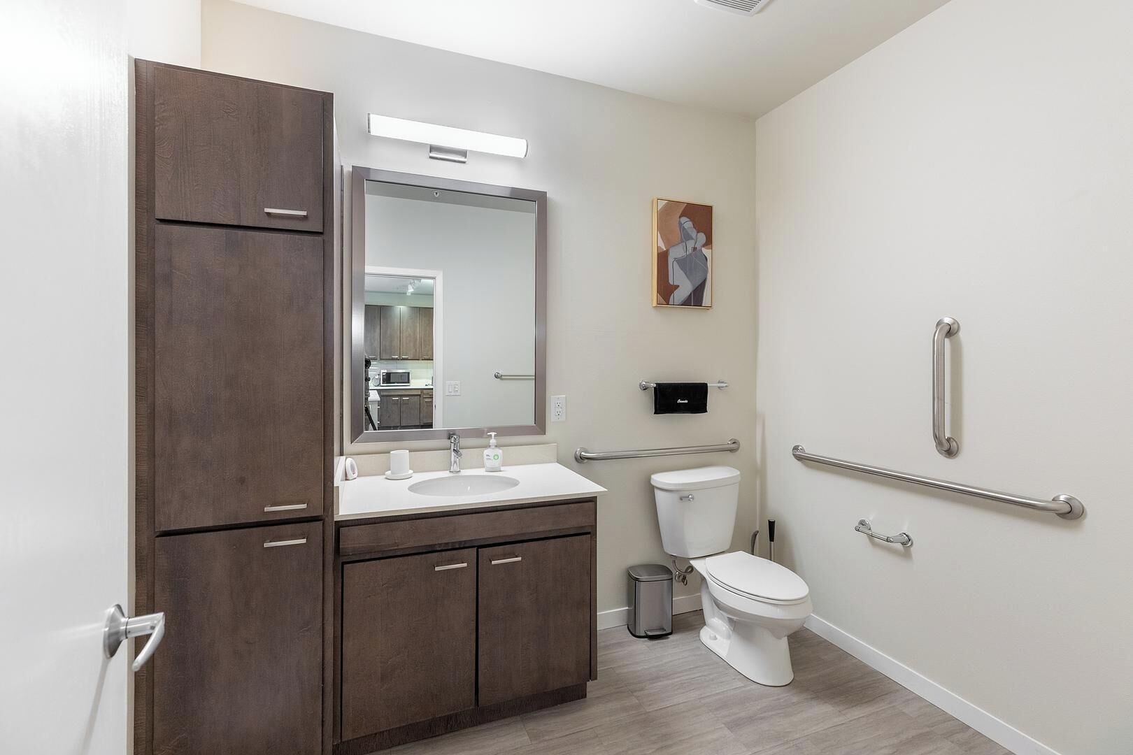 Une salle de bain moderne avec un meuble-lavabo en bois foncé, un grand miroir, des toilettes équipées de barres d’appui et une poubelle.