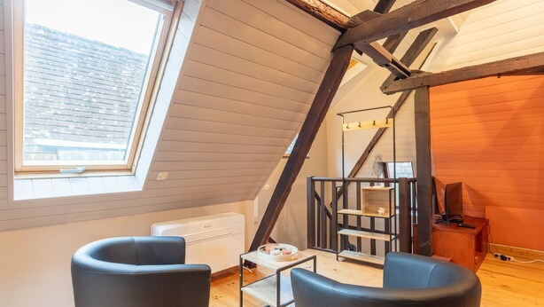 A loft-style room with a sloped ceiling, a skylight, a staircase, and a small table with a tray. - Studio Tess Apartment with Wi-Fi (Salies-de-Béarn)