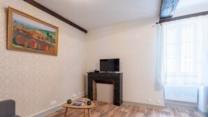 A living room with a fireplace, a flat-screen TV, a sofa, and a patterned wall. - Apartment 'T2 Alicia' with Wi-Fi (Salies-de-Béarn)