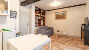 A living room with a sofa, a bookshelf, a painting, and a fireplace. - Apartment 'T2 Alicia' with Wi-Fi (Salies-de-Béarn)