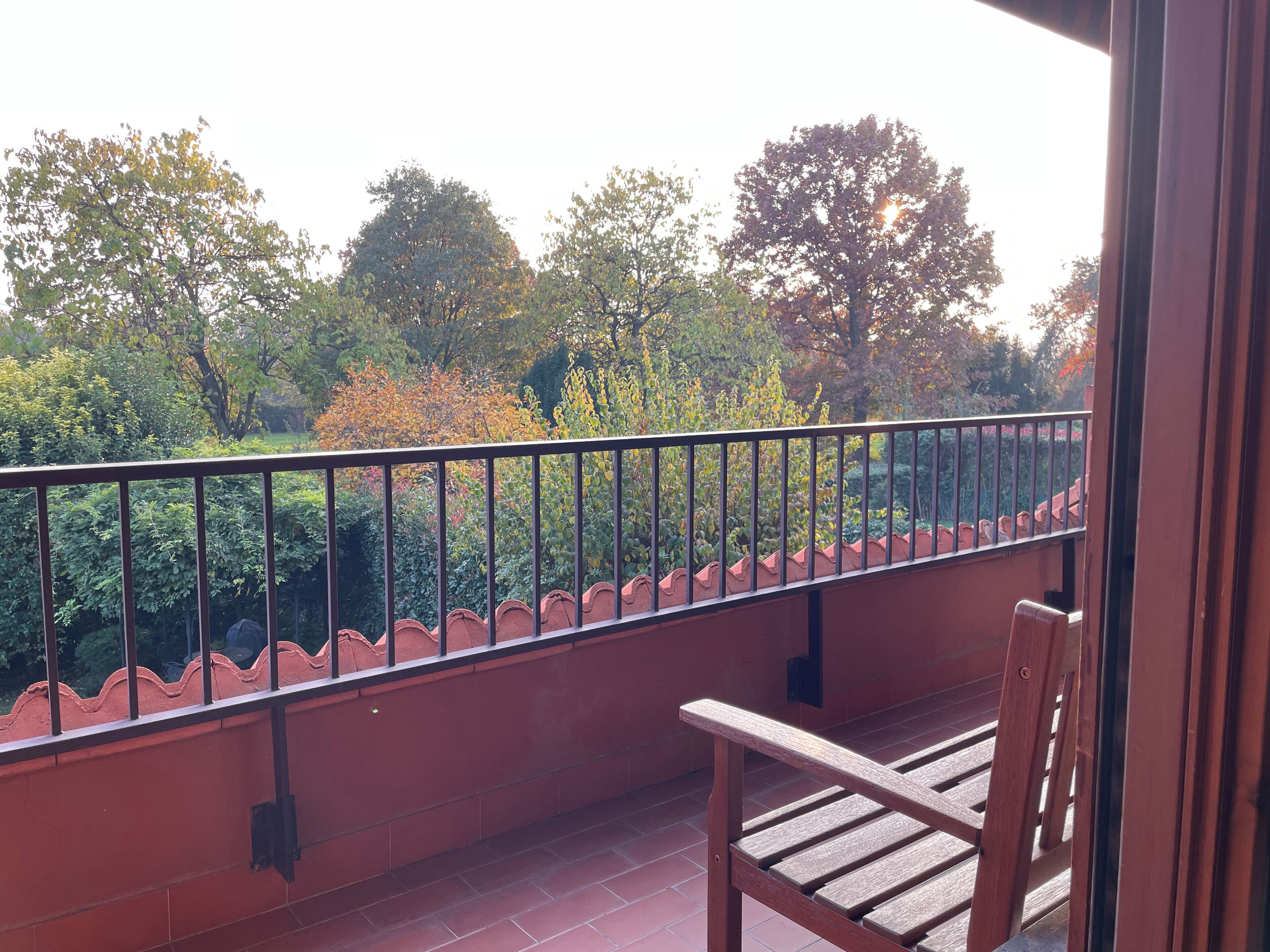 A balcony with a wooden chair, a metal railing, and a view of trees and foliage.