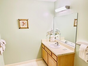 Hair dryer, towels, soap, toilet paper