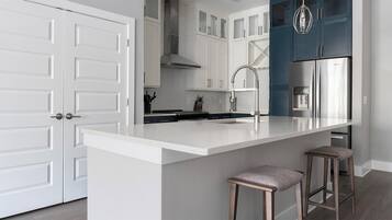 Fridge, dining table