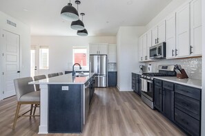 Fridge, dining tables