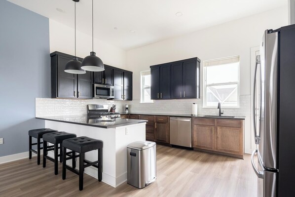 Fridge, dining tables