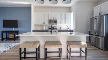 Fridge, dining tables