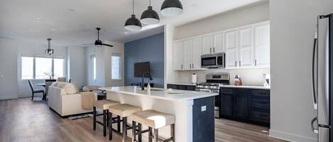 Fridge, dining tables