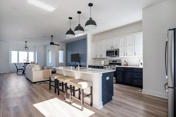 Fridge, dining tables